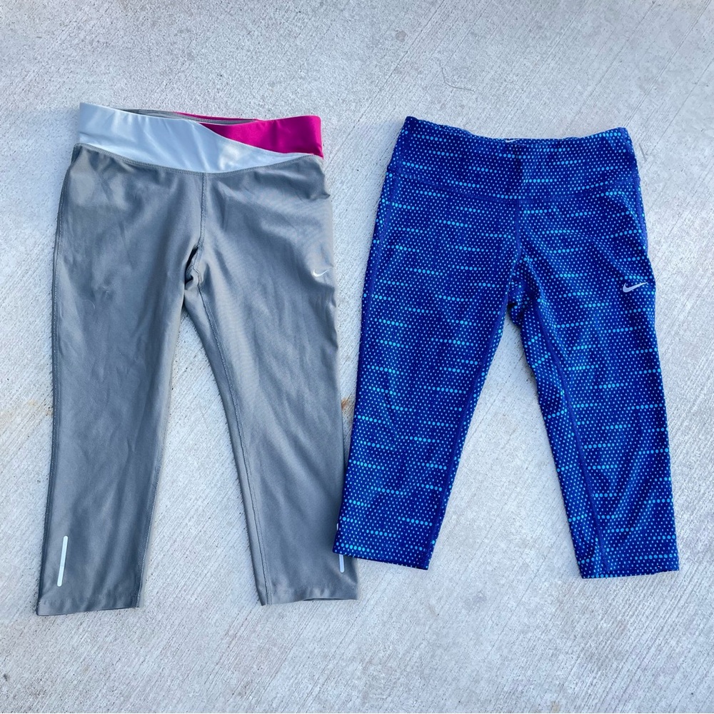 NIKE CAPRI SET / 2 WOMENS SIZE SMALL BLUE WHITE AND GRAY PINK DRAWSTRING POCKETS